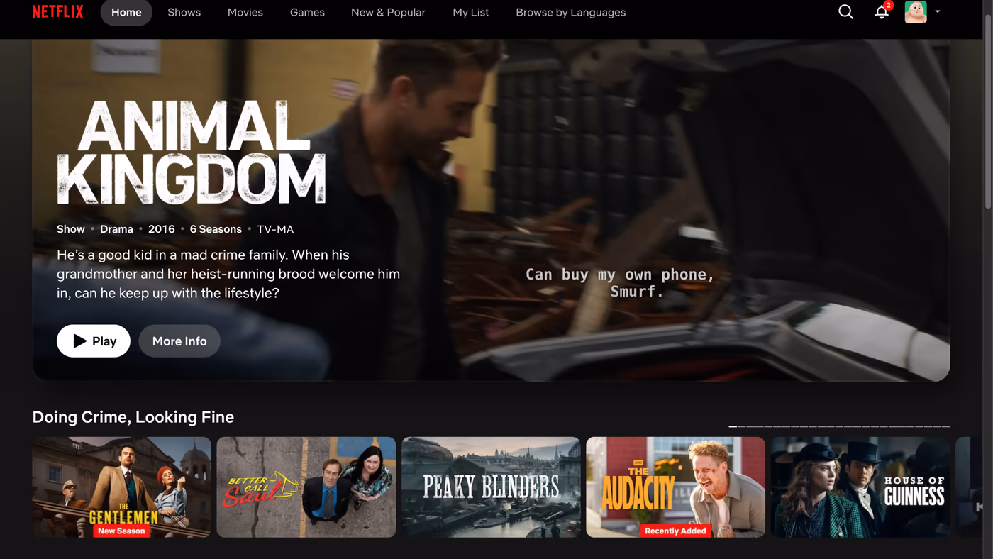 Netflix home page with a TalkAbtIT comment popping up over the featured preview