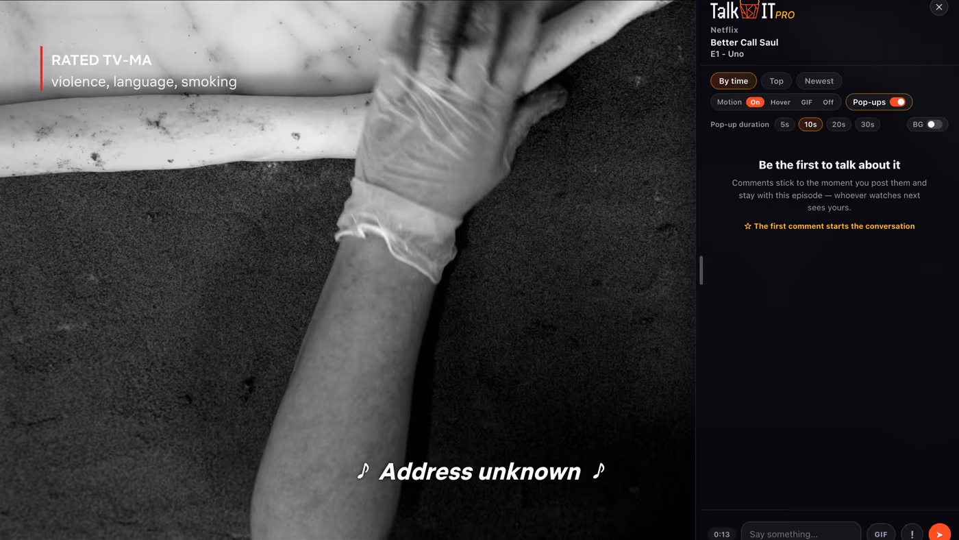 The TalkAbtIT comment panel open beside an episode on Netflix