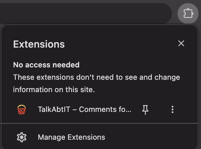 Chrome's Extensions menu open from the puzzle-piece button, with the pin next to TalkAbtIT